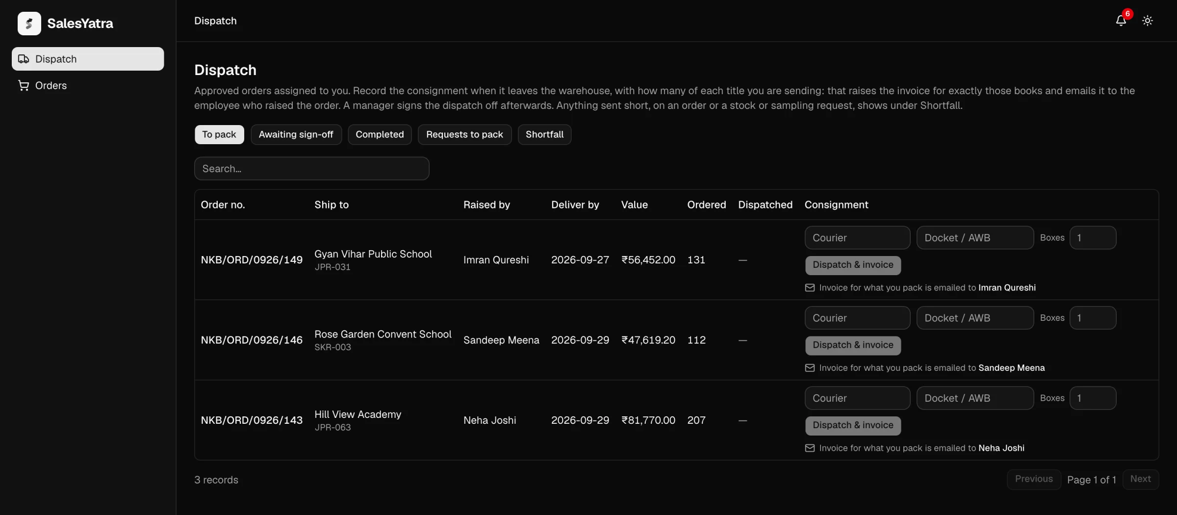 The Dispatch screen on the To pack tab, listing three orders with Courier, Docket / AWB and Boxes boxes and a Dispatch & invoice button on each row